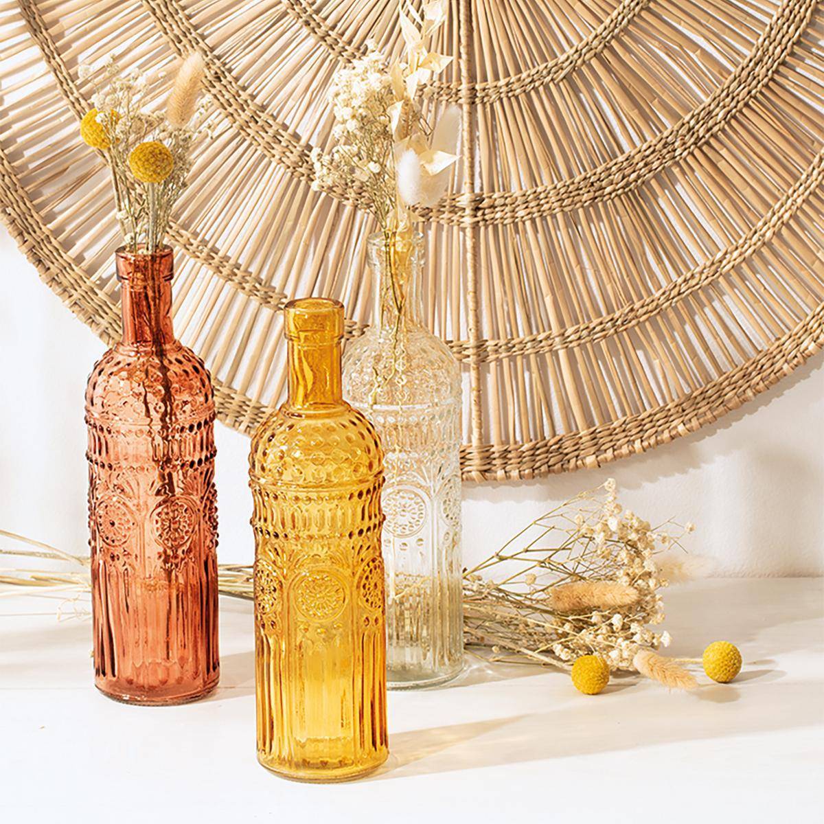 Atmosphera - Set de 3 bouteilles "Folk" verre D6,8cm - Atmosphera Créateur d'intérieur - Imagen 2