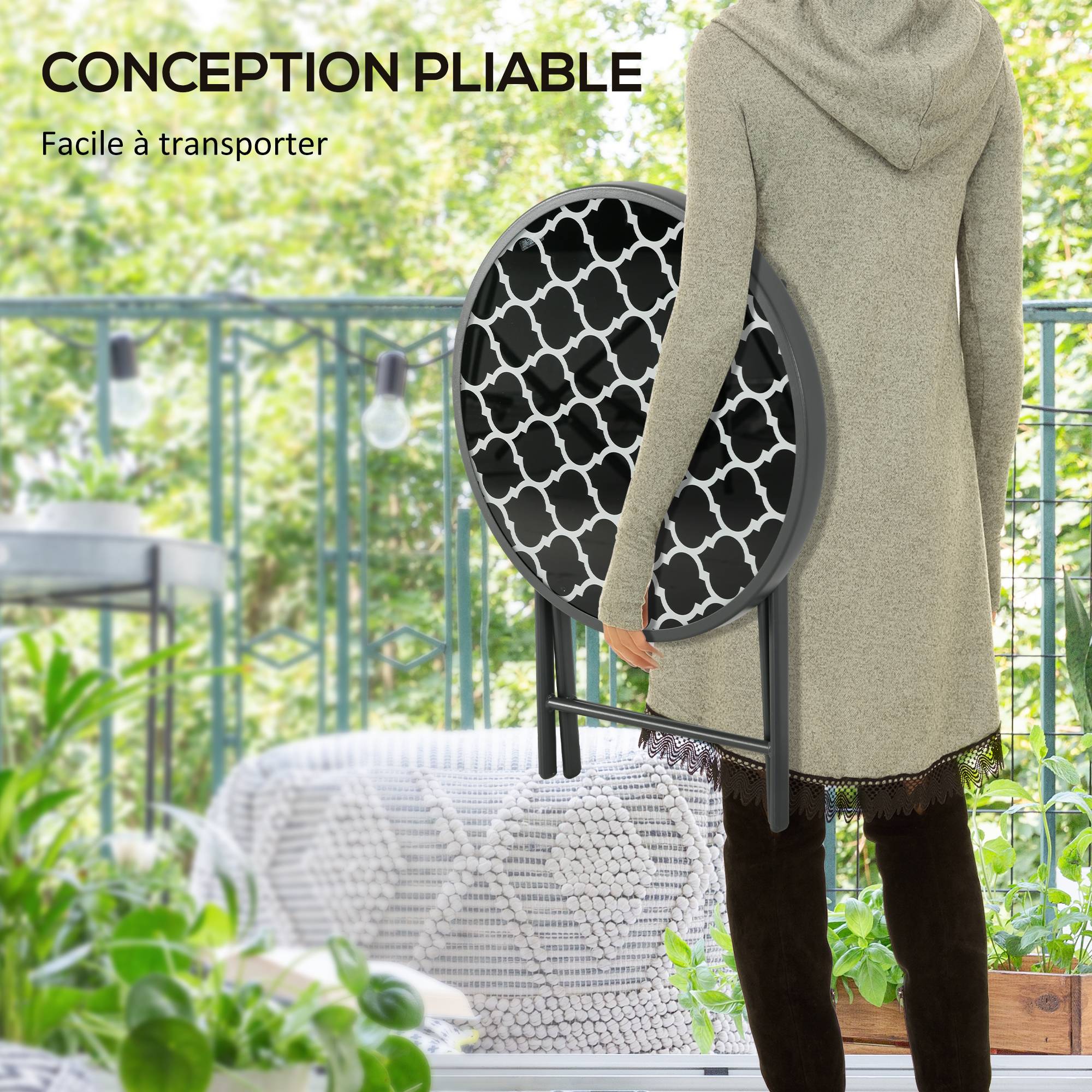 ComfortXL - Table basse pliante Métal et verre Jardin et balcon Gain de place Ø45x50cm Noir - ComfortXL Outdoor Living - Image 6