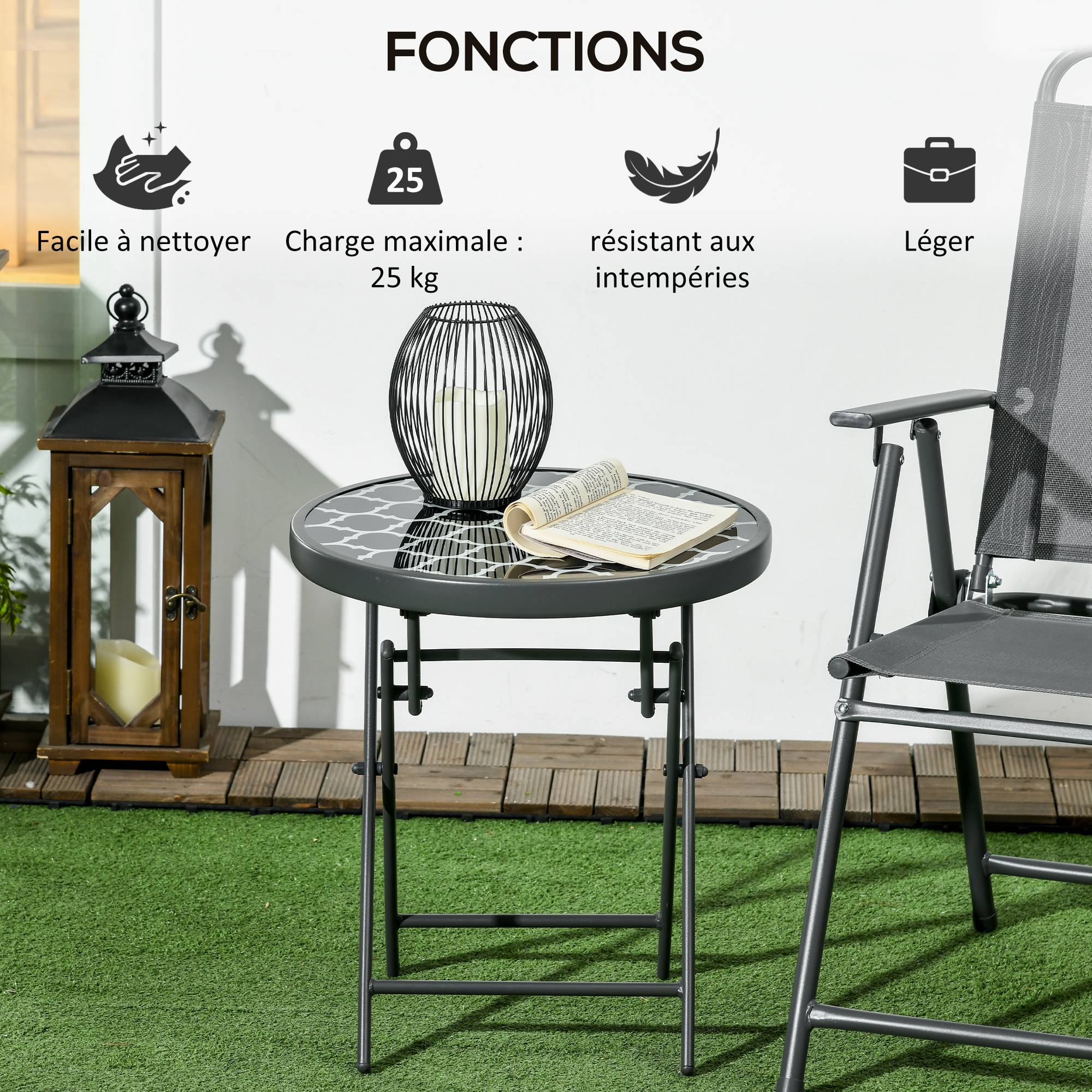 ComfortXL - Table basse pliante Métal et verre Jardin et balcon Gain de place Ø45x50cm Noir - ComfortXL Outdoor Living - Image 7