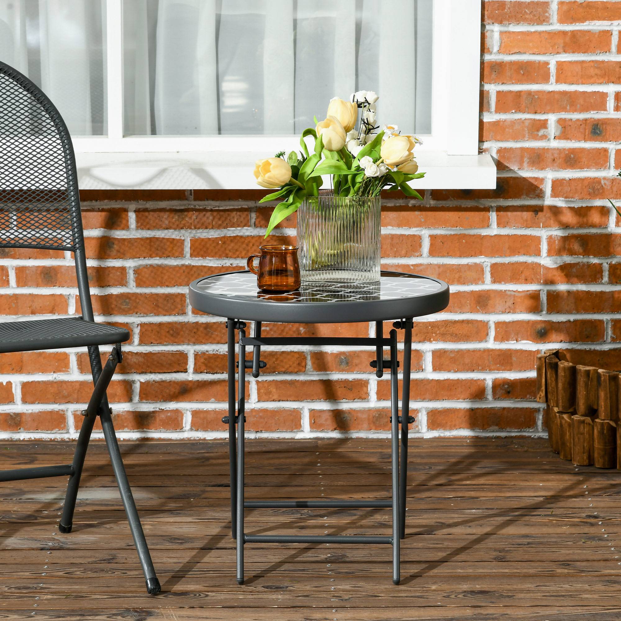 ComfortXL - Table basse pliante Métal et verre Jardin et balcon Gain de place Ø45x50cm Noir - ComfortXL Outdoor Living - Image 4