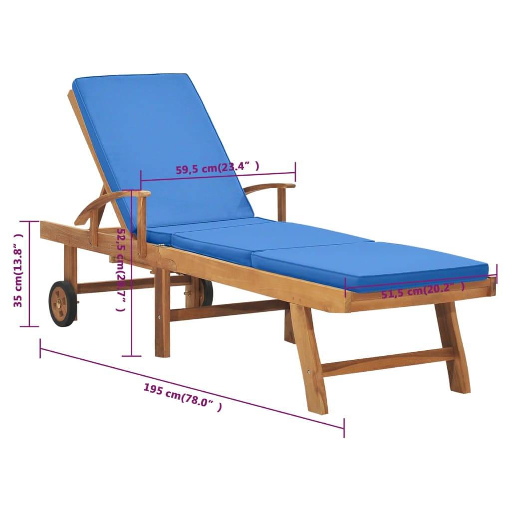 Vidaxl - Chaise longue avec coussin Bois de teck solide Bleu vidaXL 48025 - Imagen 3