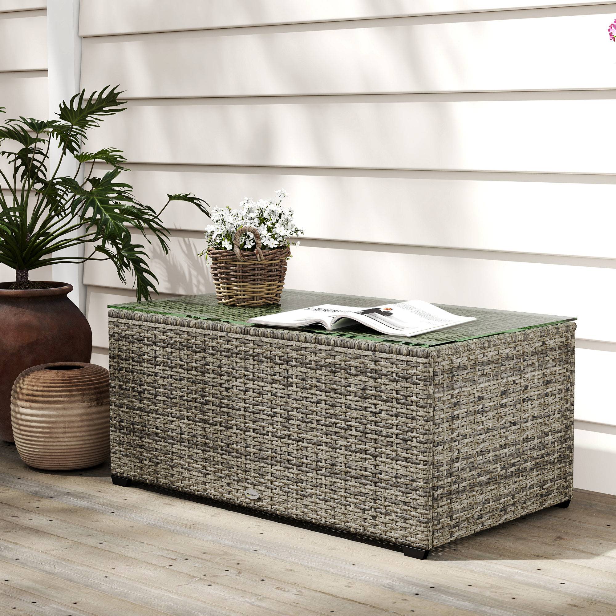 Table basse jardin résine tressée terrasse plateau verre 90x50x38cm gris foncé - ComfortXL Outdoor Living - Image 4