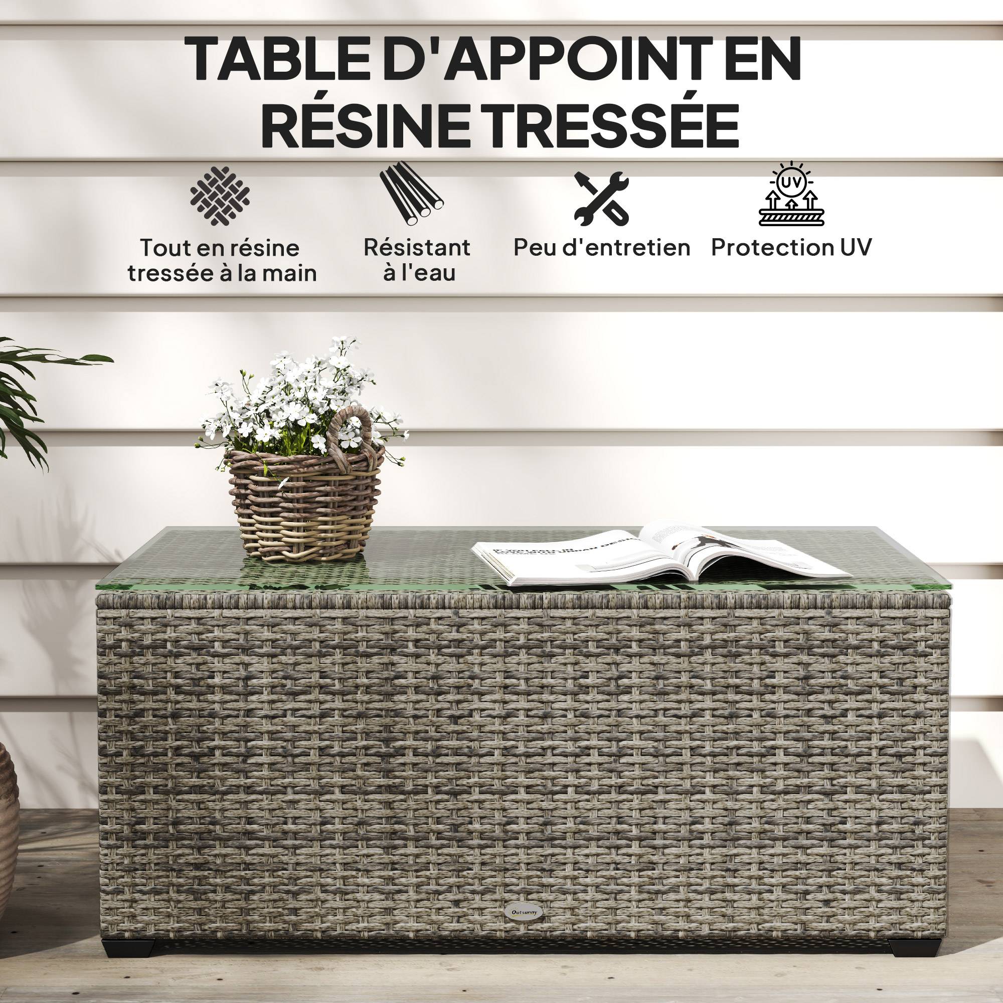 Table basse jardin résine tressée terrasse plateau verre 90x50x38cm gris foncé - ComfortXL Outdoor Living - Image 6