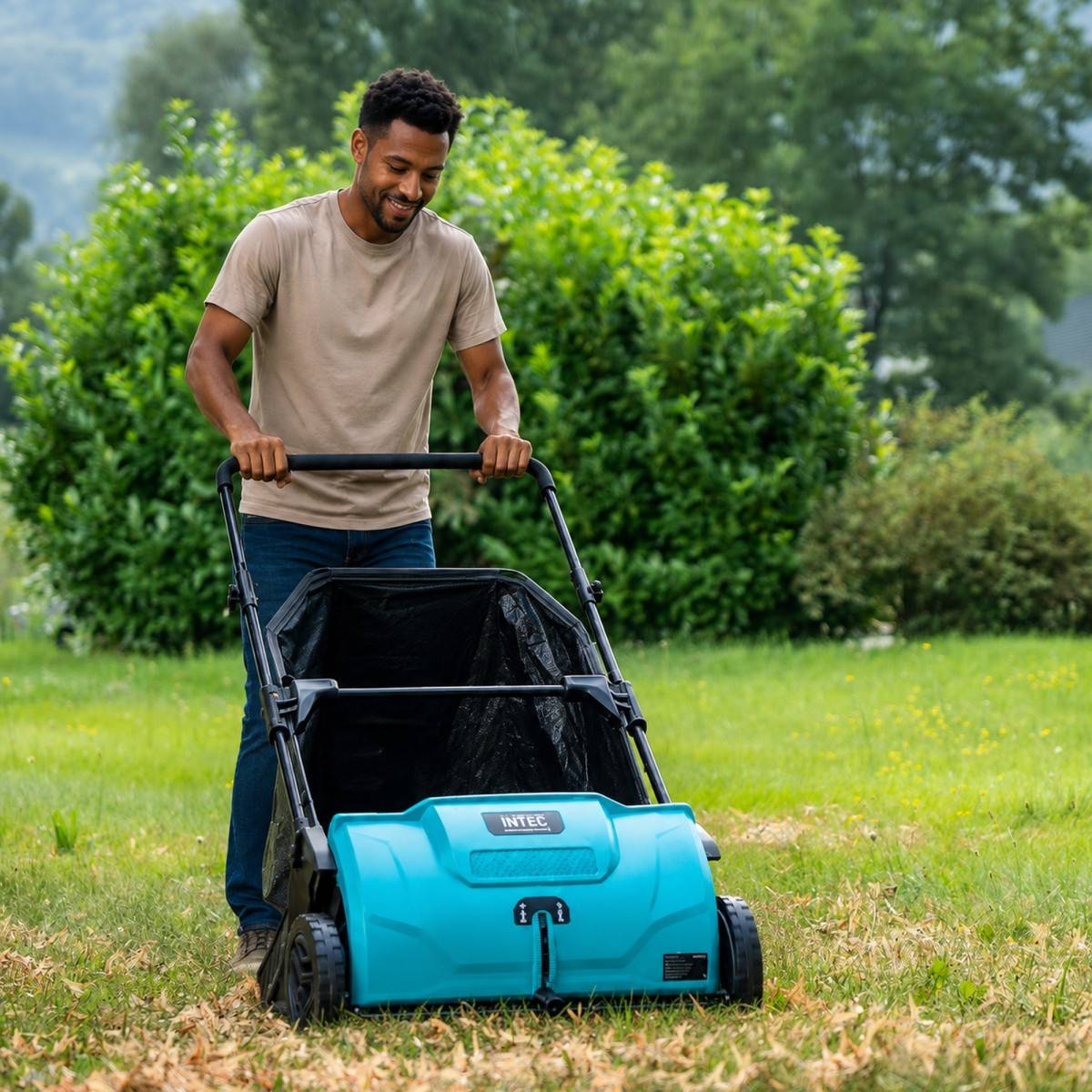 Intec - Balayeuse à gazon Ramasse feuilles Brosse rotative renforcées Larg 53cm reglable Grand Bac 100L INTEC - Imagen 10