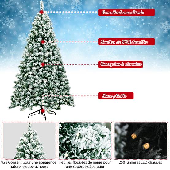 Sapin de Noël - Arbre de Noël Artificiel 180 cm Sapin Enneigé avec 250 Lumières LED 928 Rameaux et Support Métallique Pliable - Image 6