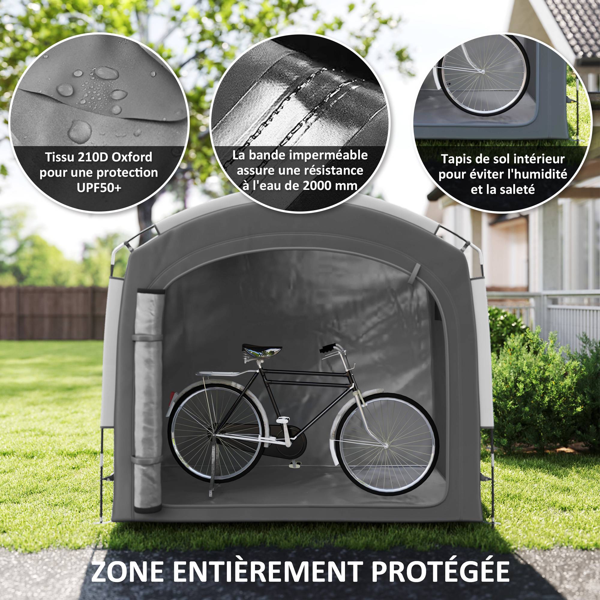 Tente de vélo abri de vélo portable pour 3-4 vélos avec 2 poches latérales 205 x 140 x 188 cm gris foncé - Image 7