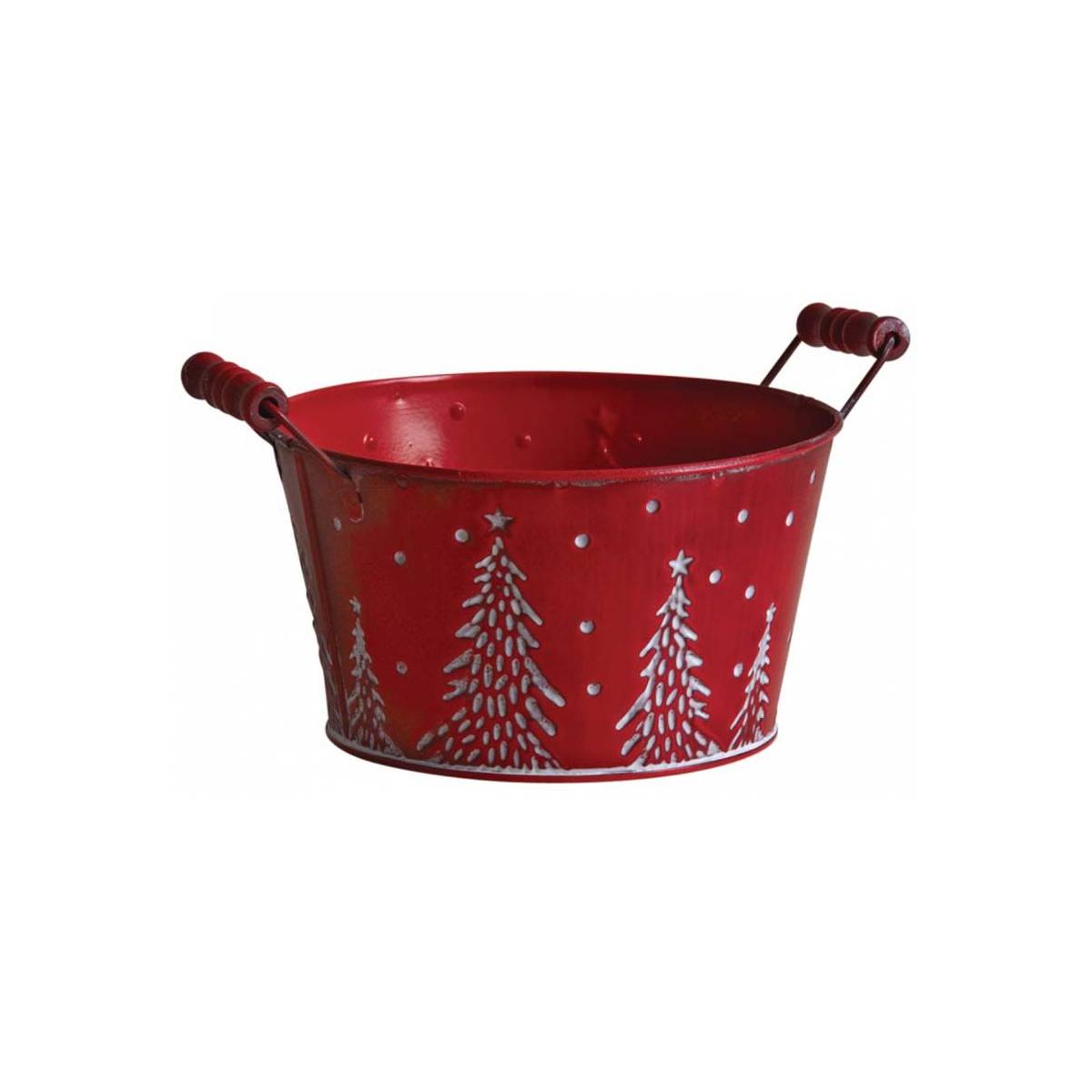 Aubry Gaspard - Corbeille ronde en métal rouge décor sapins blancs Ø14 cm