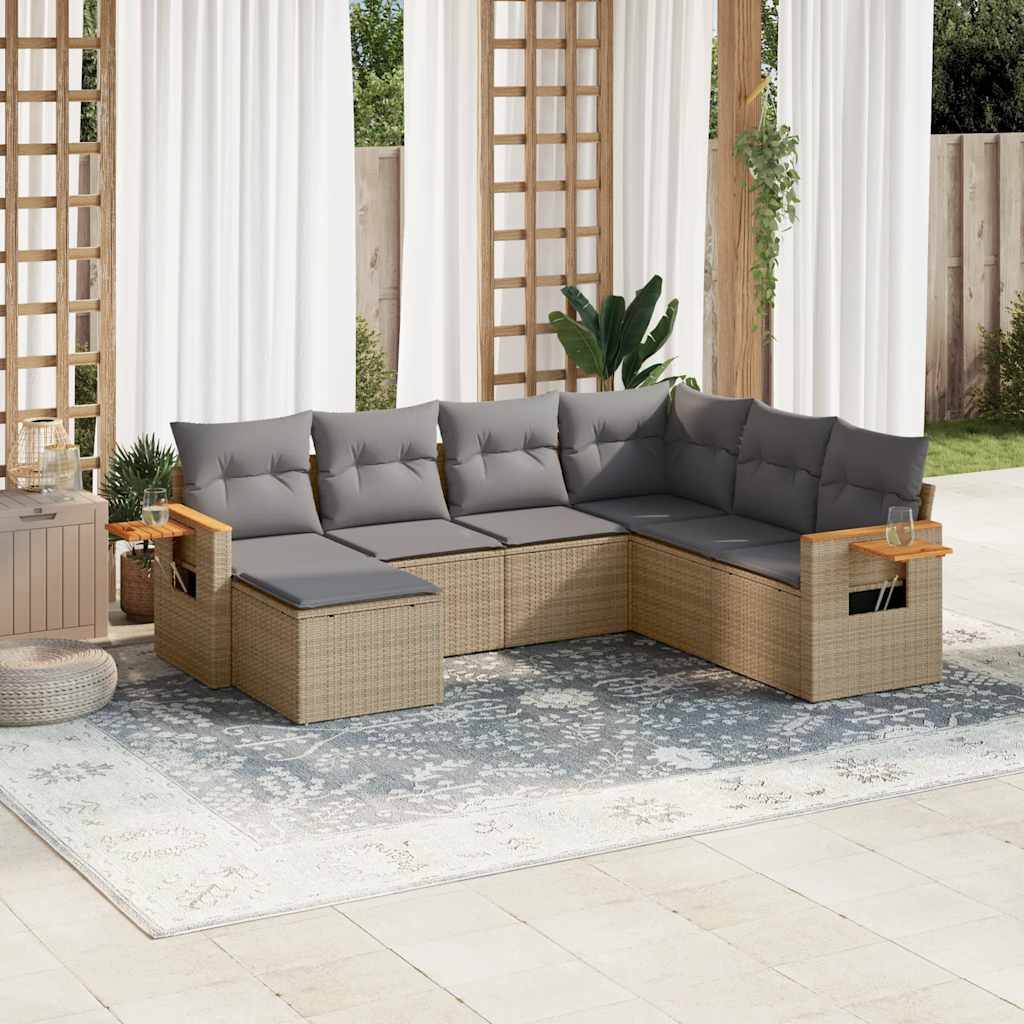 Canapé de jardin sectionnel 7 places résine tressée résistante modulaire avec pouf pour extérieur Beige et gris clair – ComfortXL Outdoor Living - Image 1