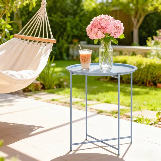 ComfortXL - Table Basse Ronde Métal Jardin Plateau Amovible Pieds Pliables Ø46x53cm Bleu Gris - ComfortXL Outdoor Living - Image 3