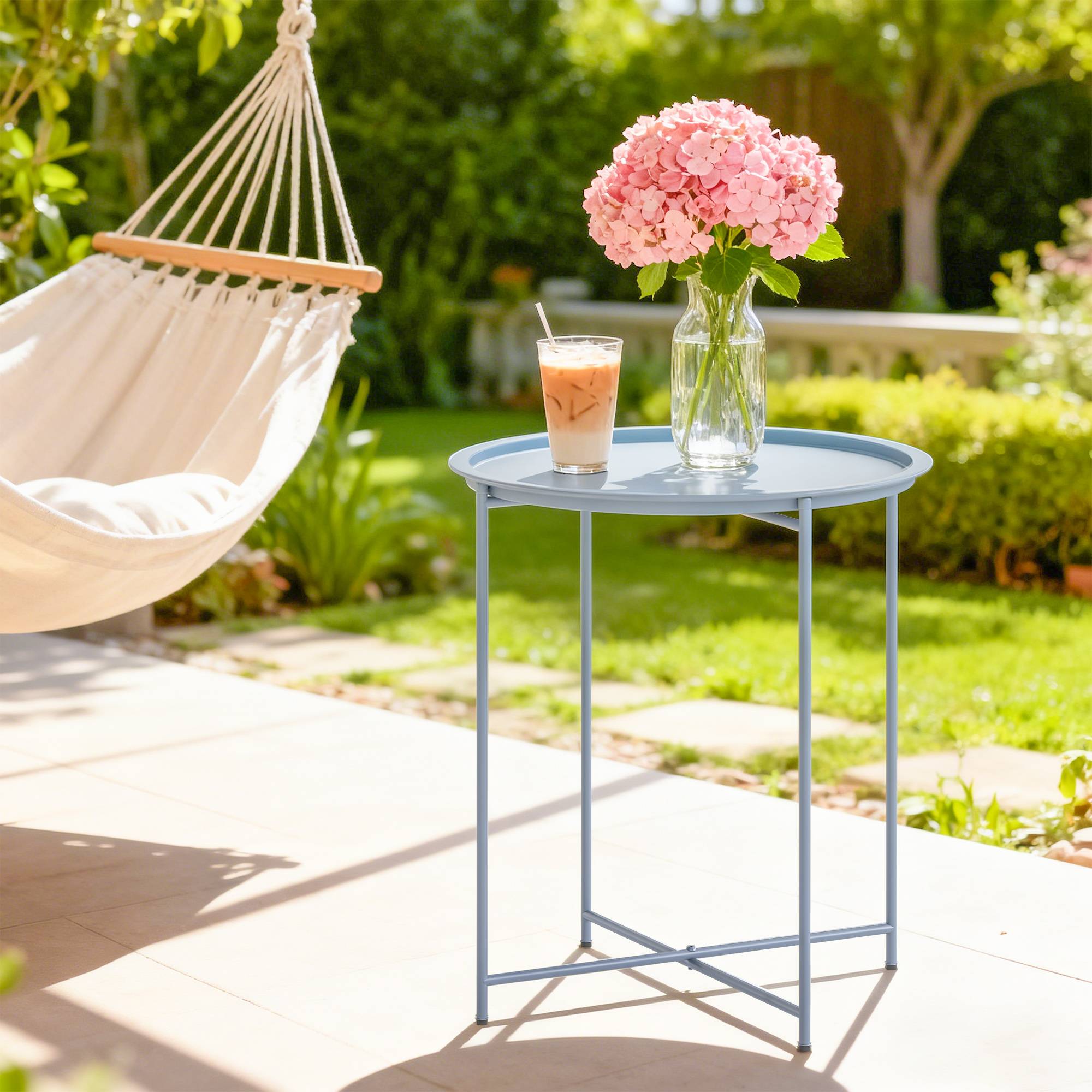 ComfortXL - Table Basse Ronde Métal Jardin Plateau Amovible Pieds Pliables Ø46x53cm Bleu Gris - ComfortXL Outdoor Living - Image 3
