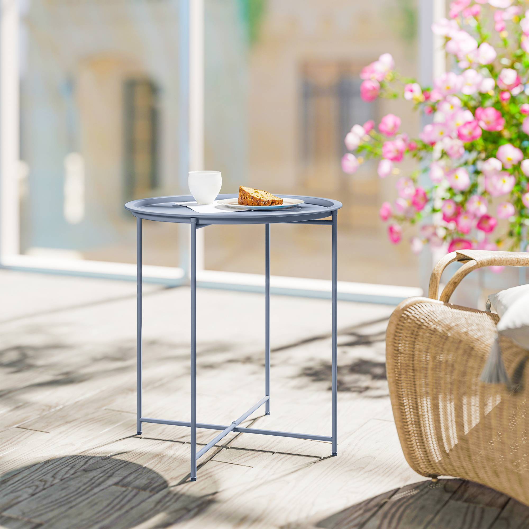 ComfortXL - Table Basse Ronde Métal Jardin Plateau Amovible Pieds Pliables Ø46x53cm Bleu Gris - ComfortXL Outdoor Living - Image 4