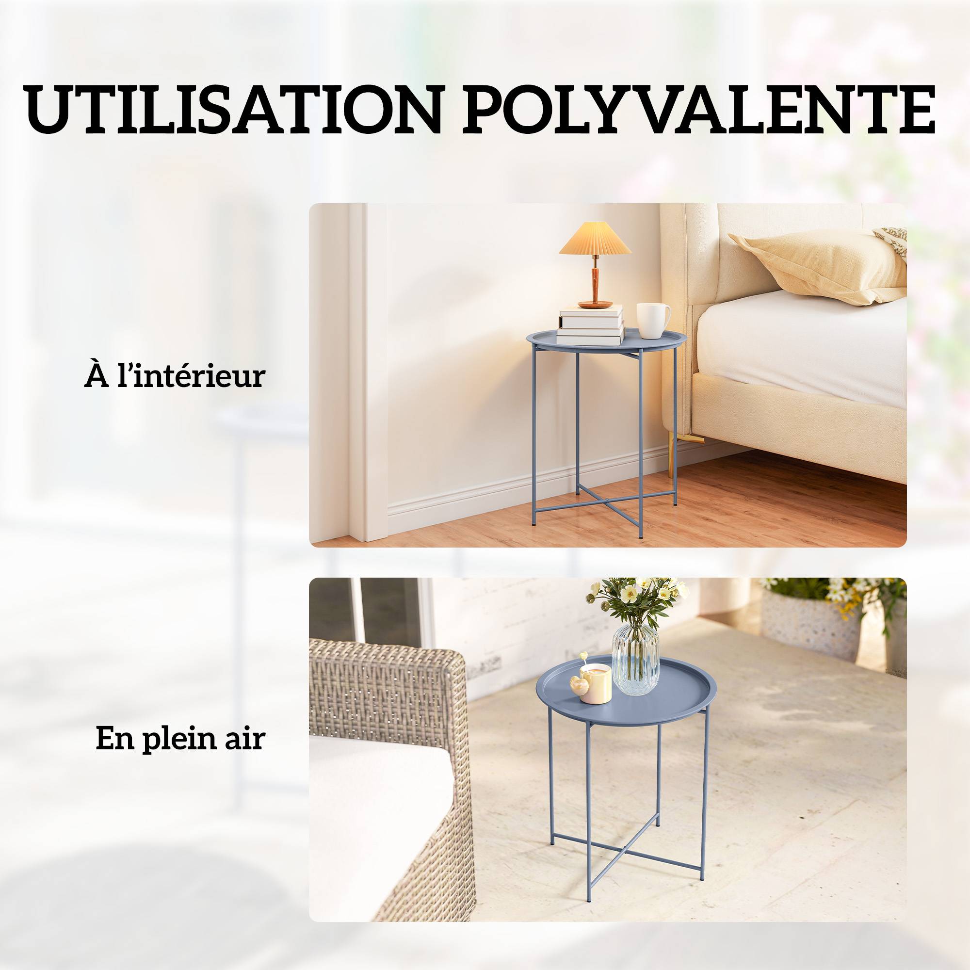 ComfortXL - Table Basse Ronde Métal Jardin Plateau Amovible Pieds Pliables Ø46x53cm Bleu Gris - ComfortXL Outdoor Living - Image 9