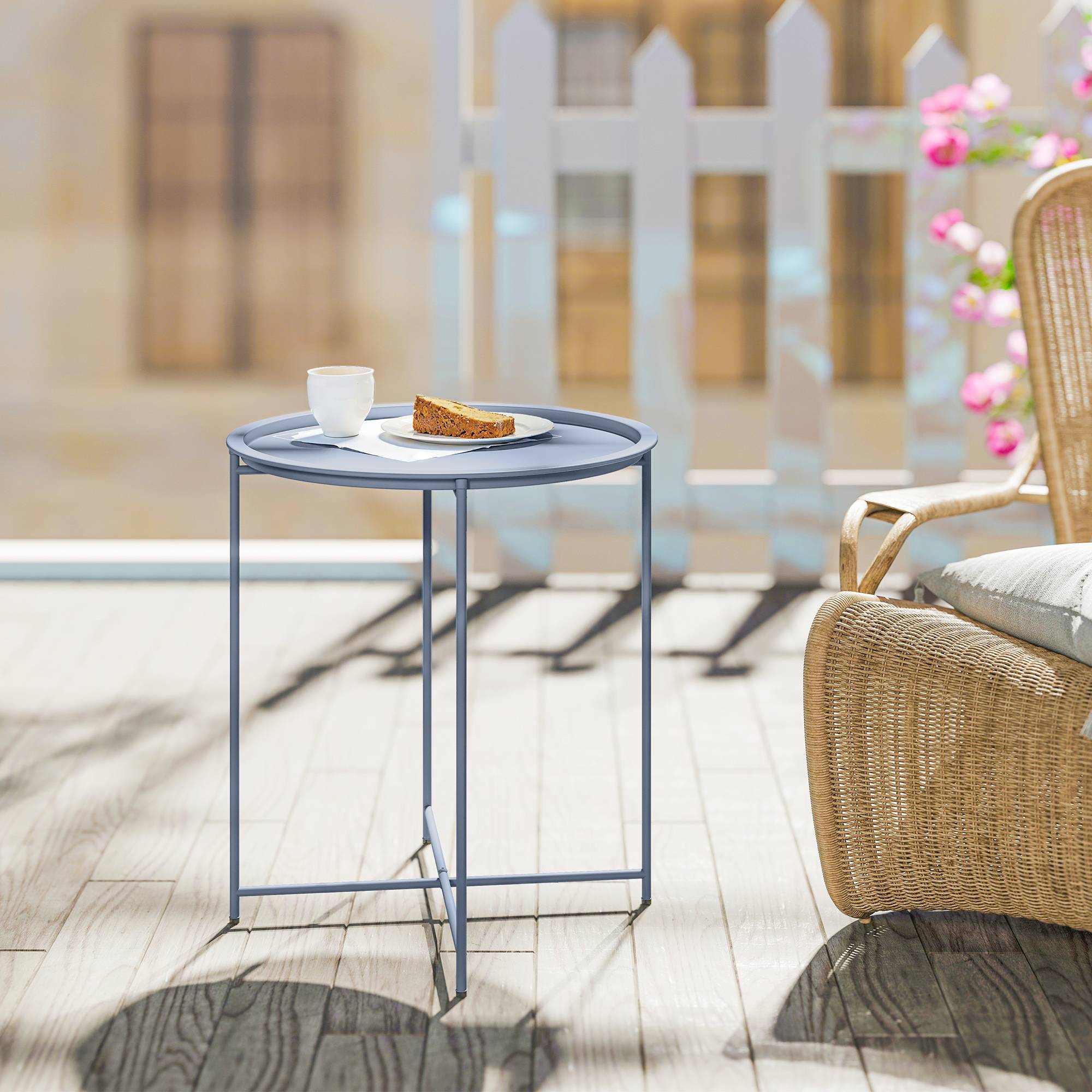 ComfortXL - Table Basse Ronde Métal Jardin Plateau Amovible Pieds Pliables Ø46x53cm Bleu Gris - ComfortXL Outdoor Living - Image 10