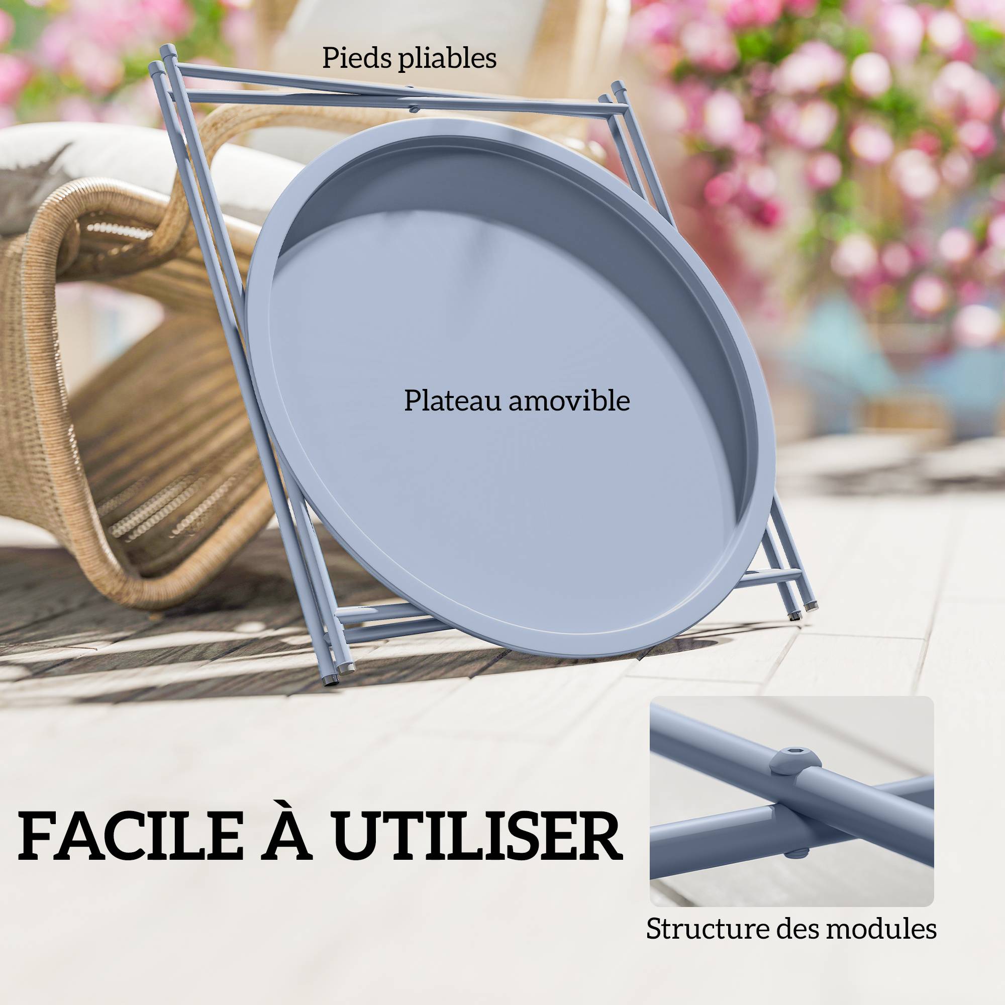 ComfortXL - Table Basse Ronde Métal Jardin Plateau Amovible Pieds Pliables Ø46x53cm Bleu Gris - ComfortXL Outdoor Living - Image 6