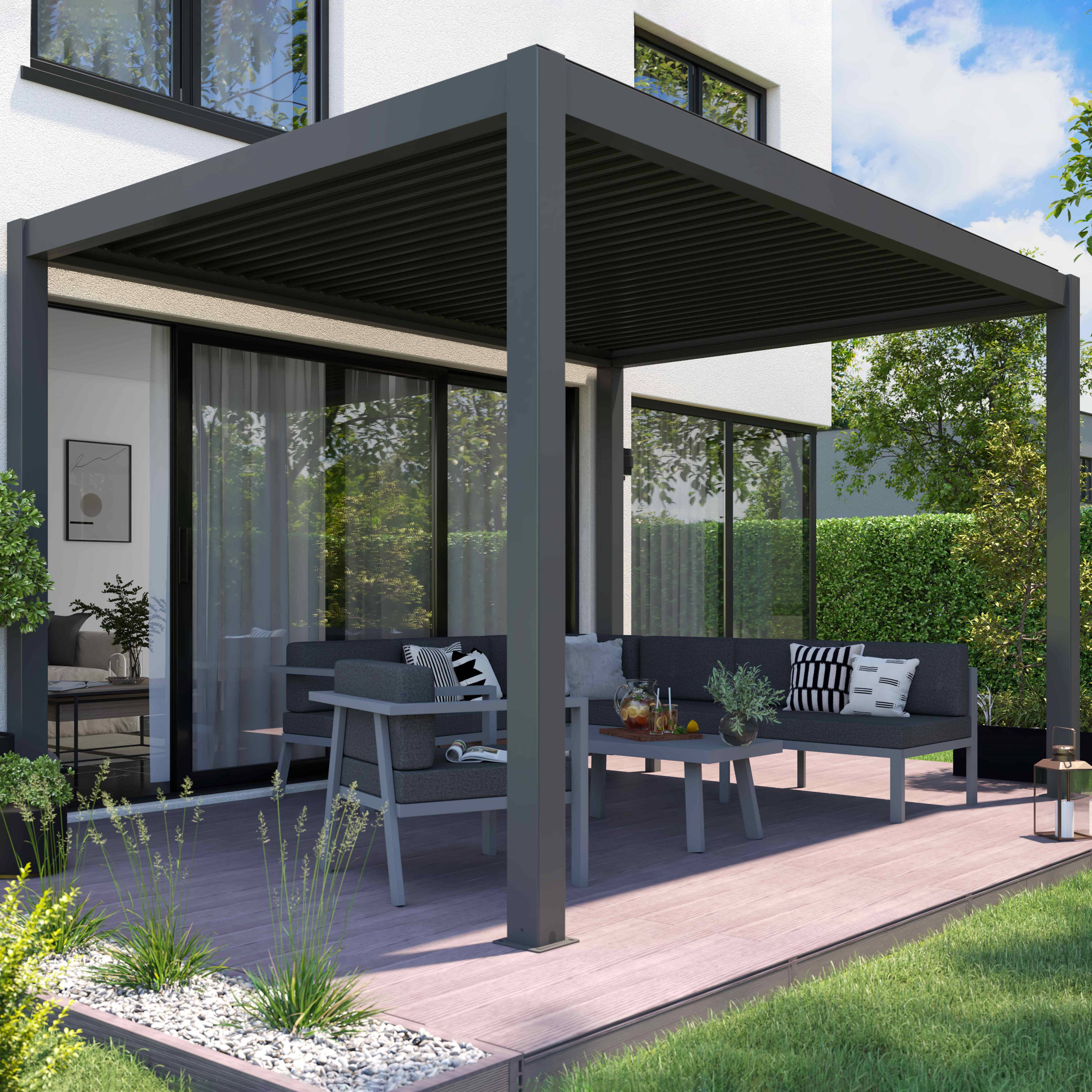 Oviala - Pergola bioclimatique autoportée motorisée et éclairée 3 x4 m gris Kavala - Oviala - Imagen 1