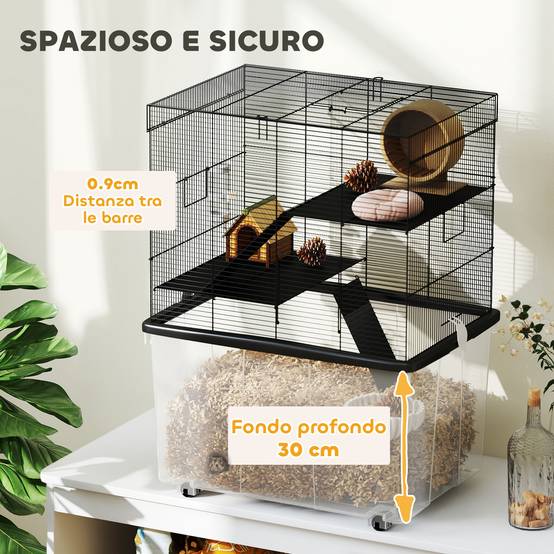 Cage Acier Plastique Hamsters 3 Niveaux Bac Profond Roulettes 58x43x74cm Noir - ComfortXL Outdoor Living - Image 7