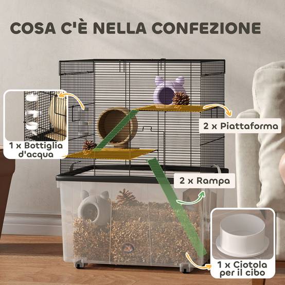 Cage Acier Plastique Hamsters 3 Niveaux Bac Profond Roulettes 58x43x74cm Noir - ComfortXL Outdoor Living - Image 8