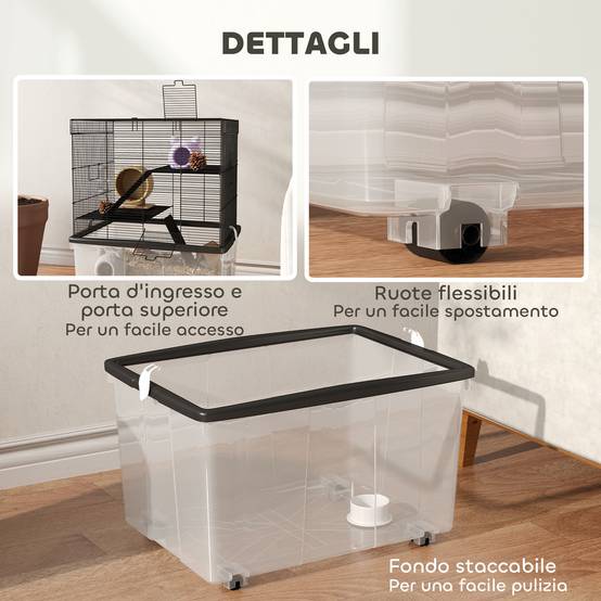 Cage Acier Plastique Hamsters 3 Niveaux Bac Profond Roulettes 58x43x74cm Noir - ComfortXL Outdoor Living - Image 9