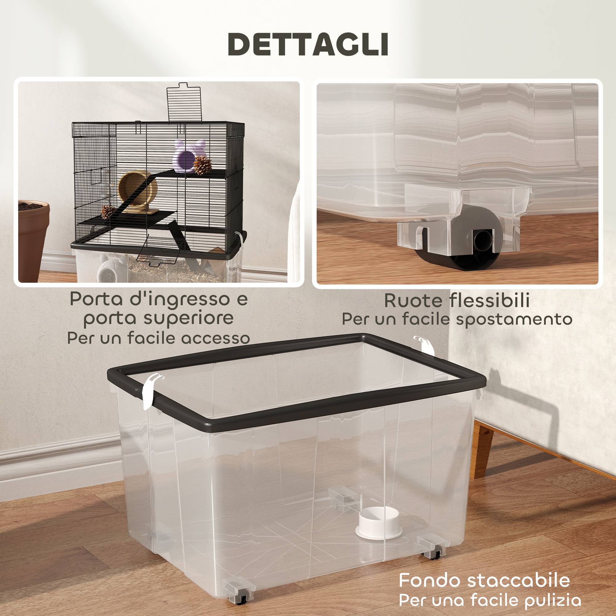 Cage Acier Plastique Hamsters 3 Niveaux Bac Profond Roulettes 58x43x74cm Noir - ComfortXL Outdoor Living - Image 9