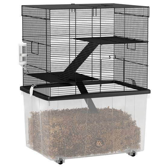 Cage Acier Plastique Hamsters 3 Niveaux Bac Profond Roulettes 58x43x74cm Noir - ComfortXL Outdoor Living - Image 1