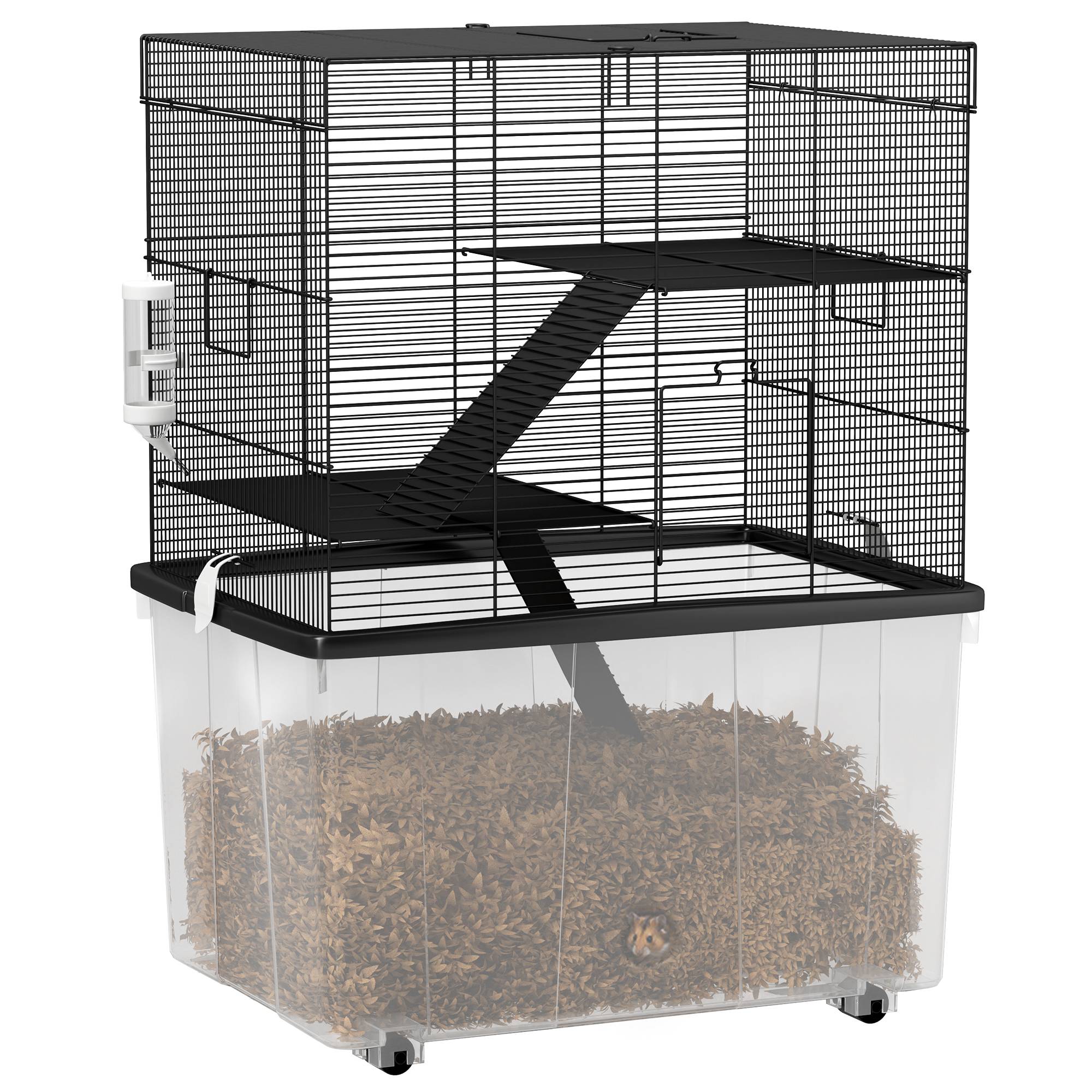 Cage Acier Plastique Hamsters 3 Niveaux Bac Profond Roulettes 58x43x74cm Noir - ComfortXL Outdoor Living - Image 1