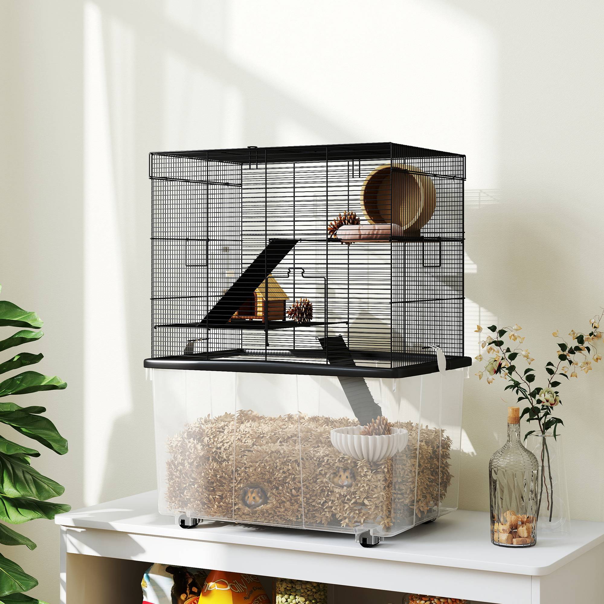 Cage Acier Plastique Hamsters 3 Niveaux Bac Profond Roulettes 58x43x74cm Noir - ComfortXL Outdoor Living - Image 4