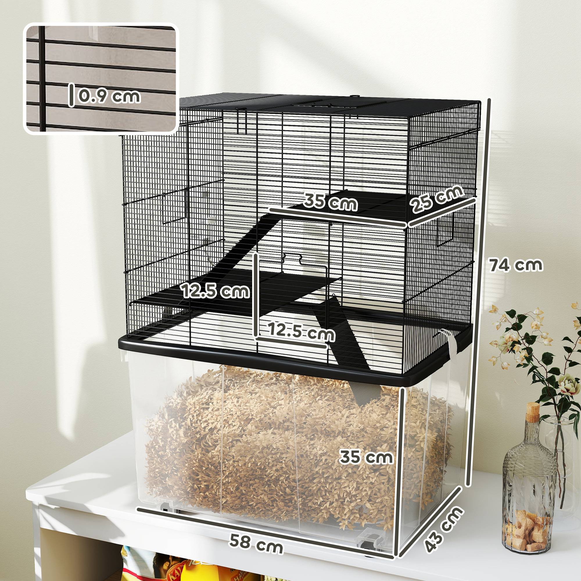 Cage Acier Plastique Hamsters 3 Niveaux Bac Profond Roulettes 58x43x74cm Noir - ComfortXL Outdoor Living - Image 5