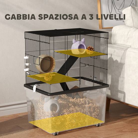 Cage Acier Plastique Hamsters 3 Niveaux Bac Profond Roulettes 58x43x74cm Noir - ComfortXL Outdoor Living - Image 6