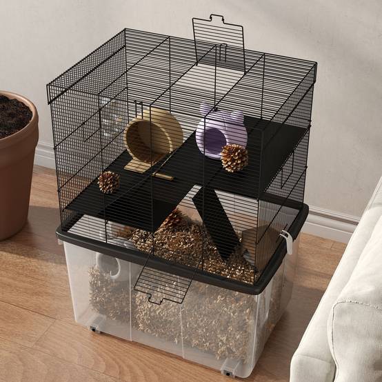Cage Acier Plastique Hamsters 3 Niveaux Bac Profond Roulettes 58x43x74cm Noir - ComfortXL Outdoor Living - Image 10