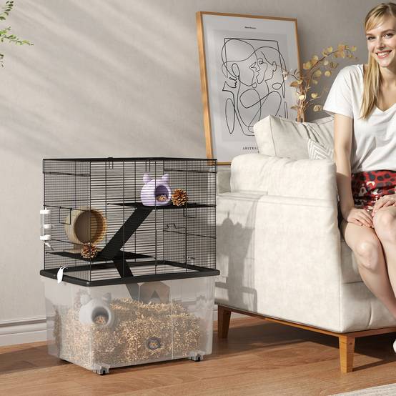 Cage Acier Plastique Hamsters 3 Niveaux Bac Profond Roulettes 58x43x74cm Noir - ComfortXL Outdoor Living - Image 3