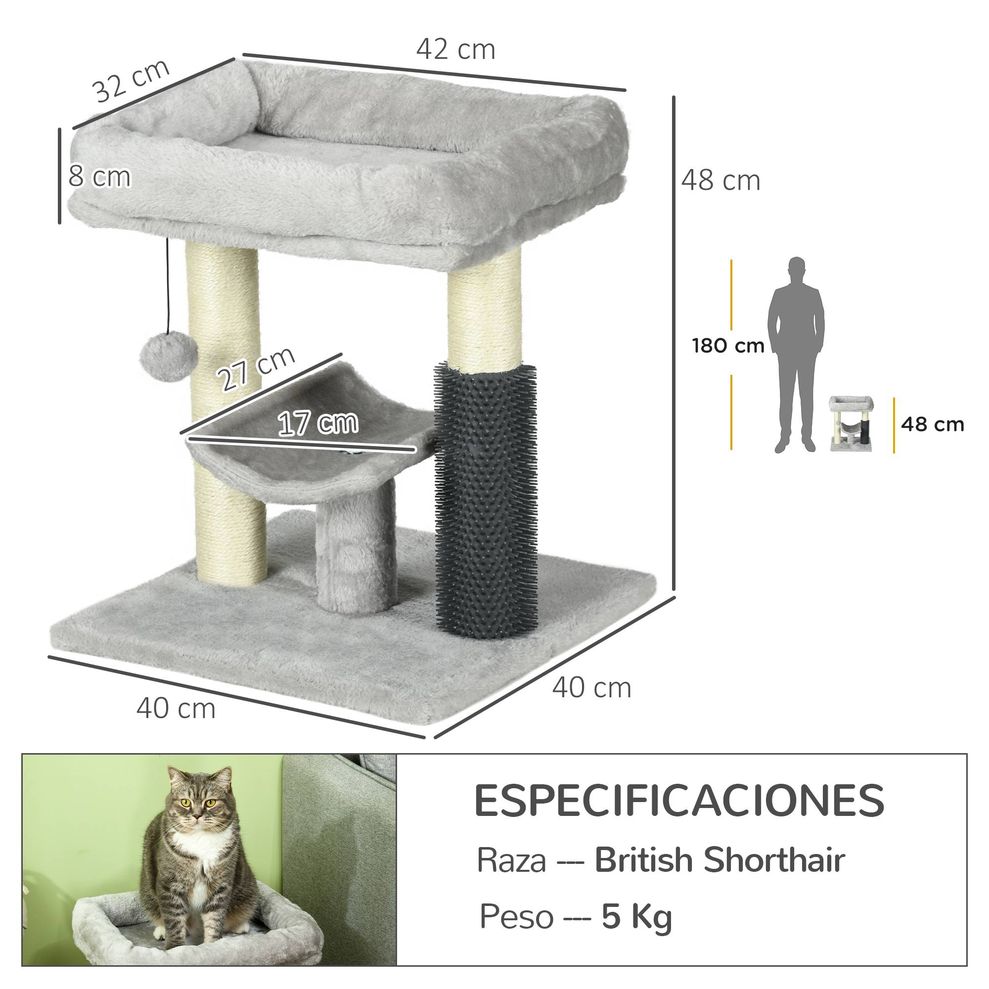 Petit Arbre à Chat avec Lit Griffoir Sisal et Brosse de Toilettage Intégrée 48 cm Gris - ComfortXL Outdoor Living - Image 5
