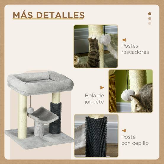 Petit Arbre à Chat avec Lit Griffoir Sisal et Brosse de Toilettage Intégrée 48 cm Gris - ComfortXL Outdoor Living - Image 8