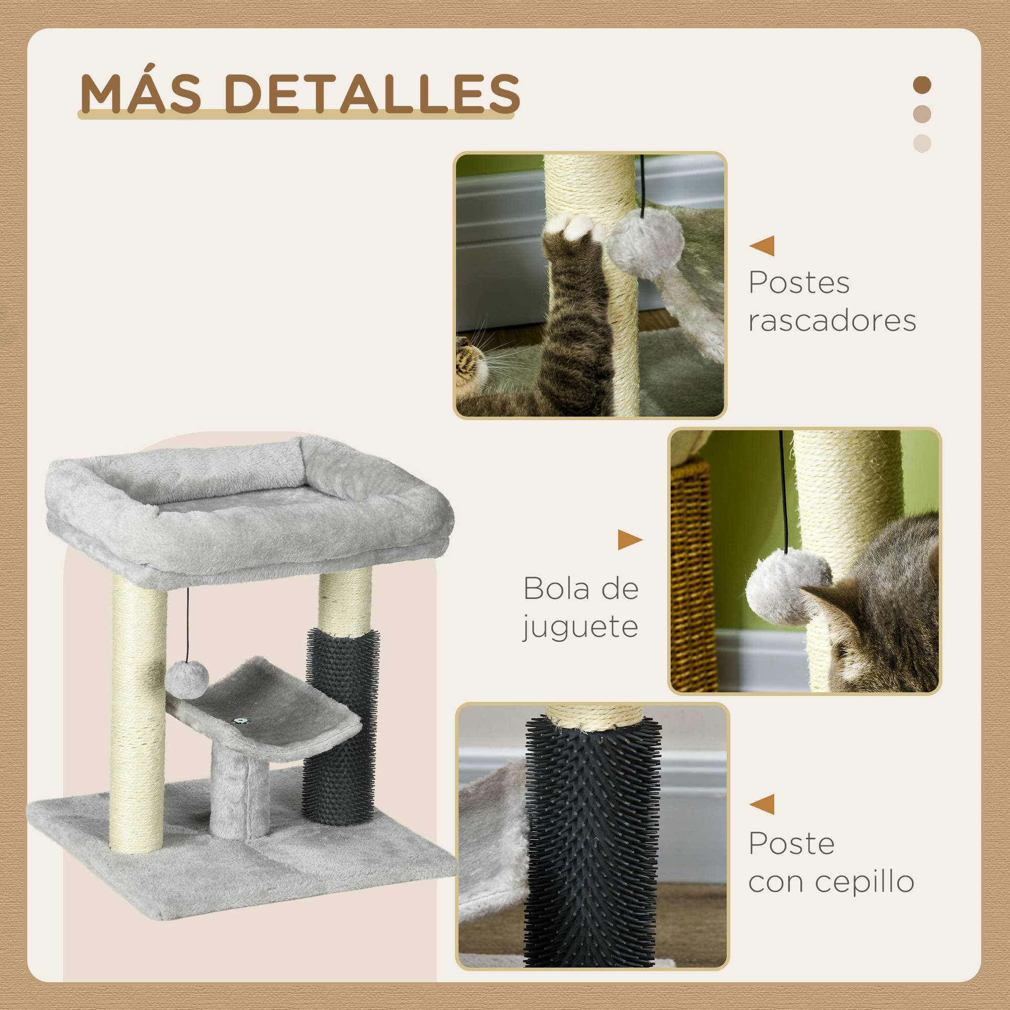 Petit Arbre à Chat avec Lit Griffoir Sisal et Brosse de Toilettage Intégrée 48 cm Gris - ComfortXL Outdoor Living - Image 8