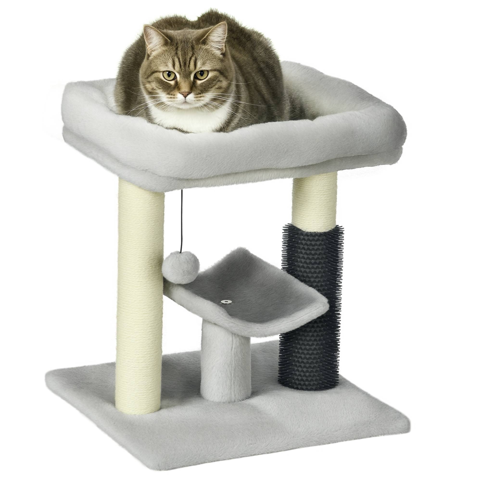 Petit Arbre à Chat avec Lit Griffoir Sisal et Brosse de Toilettage Intégrée 48 cm Gris - ComfortXL Outdoor Living - Image 1