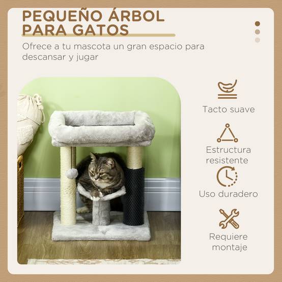 Petit Arbre à Chat avec Lit Griffoir Sisal et Brosse de Toilettage Intégrée 48 cm Gris - ComfortXL Outdoor Living - Image 6