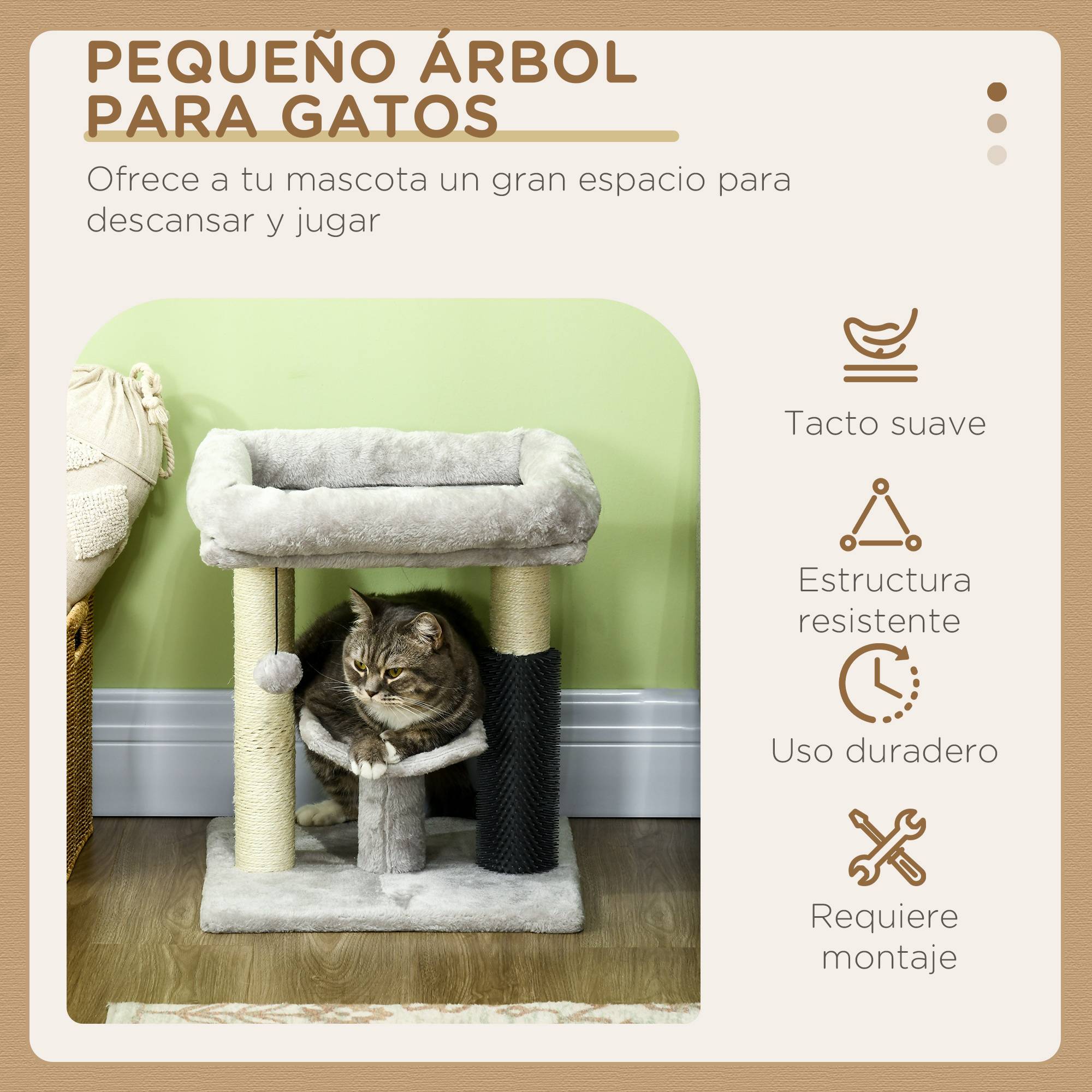 Petit Arbre à Chat avec Lit Griffoir Sisal et Brosse de Toilettage Intégrée 48 cm Gris - ComfortXL Outdoor Living - Image 6