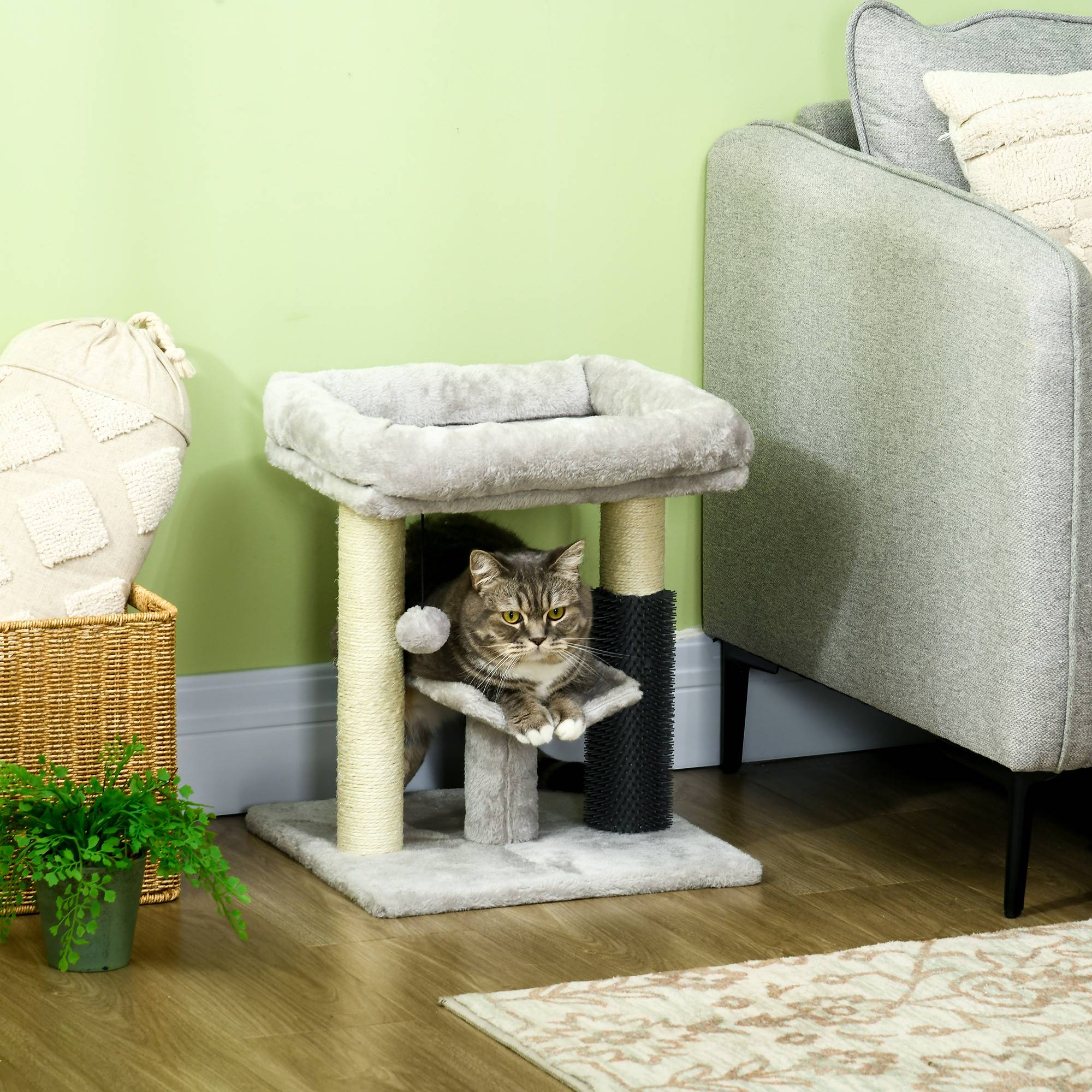 Petit Arbre à Chat avec Lit Griffoir Sisal et Brosse de Toilettage Intégrée 48 cm Gris - ComfortXL Outdoor Living - Image 3