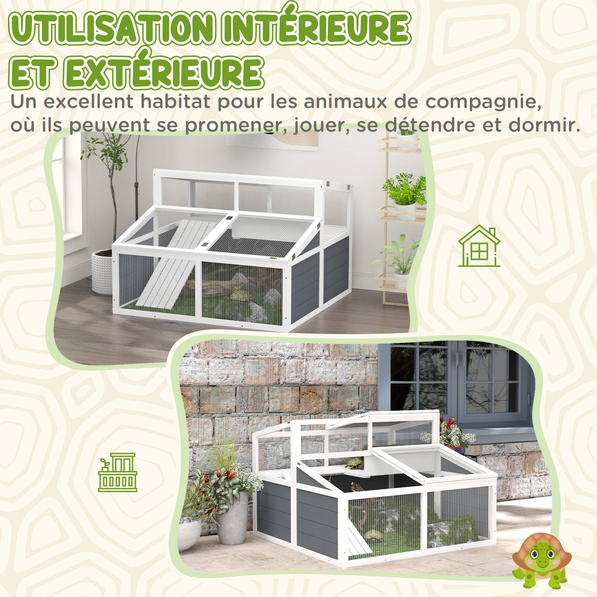 Maison enclos cage pour petit animal tortue avec 2 espaces toit en polycarbonate 3 portes rampe 115 x 115 x 82 cm gris - Image 8