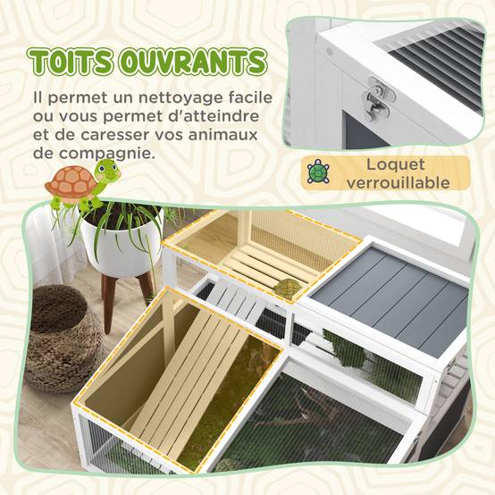 Maison enclos cage pour petit animal tortue avec 2 espaces toit en polycarbonate 3 portes rampe 115 x 115 x 82 cm gris - Image 7