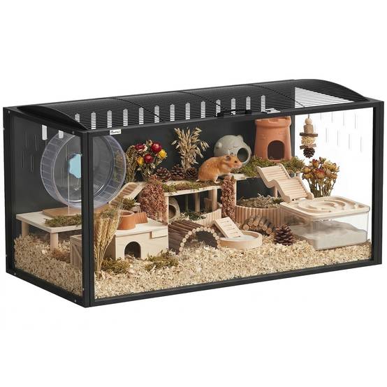Grande cage pour hamster 105 x 51 x 53 cm avec couvercle à charnières ventilé, structure en acier, panneaux transparents noirs - Image 1