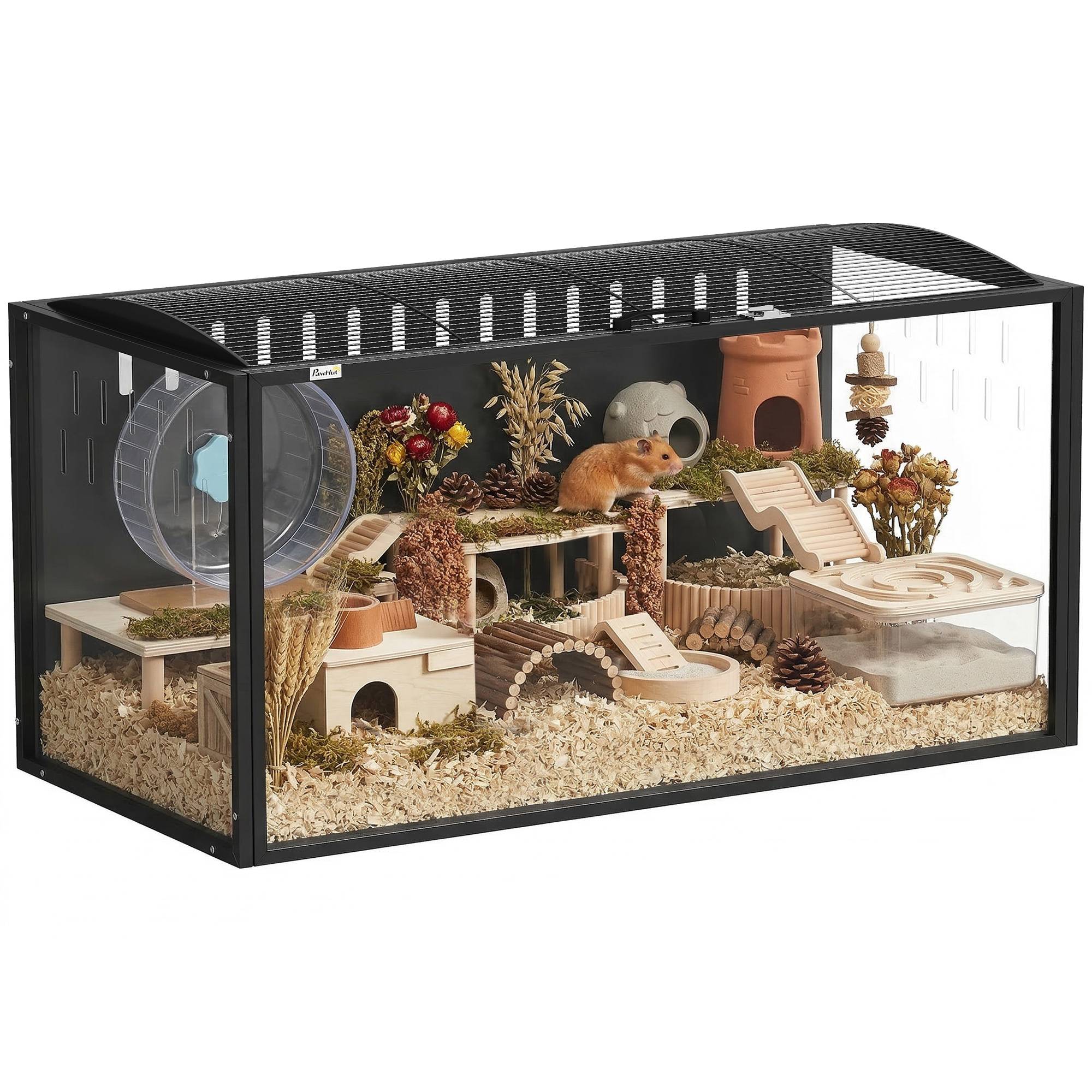 Grande cage pour hamster 105 x 51 x 53 cm avec couvercle à charnières ventilé, structure en acier, panneaux transparents noirs - Image 1