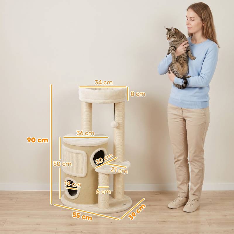 Arbre à chat avec tour à griffer 2 niveaux, poteaux en sisal, plateforme et balle de jeu, adapté aux chats jusqu'à 5 kg - Image 3