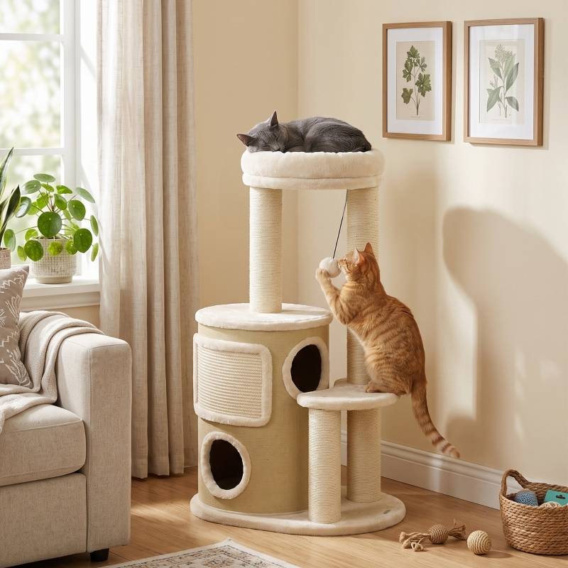 Arbre à chat avec tour à griffer 2 niveaux, poteaux en sisal, plateforme et balle de jeu, adapté aux chats jusqu'à 5 kg - Image 2