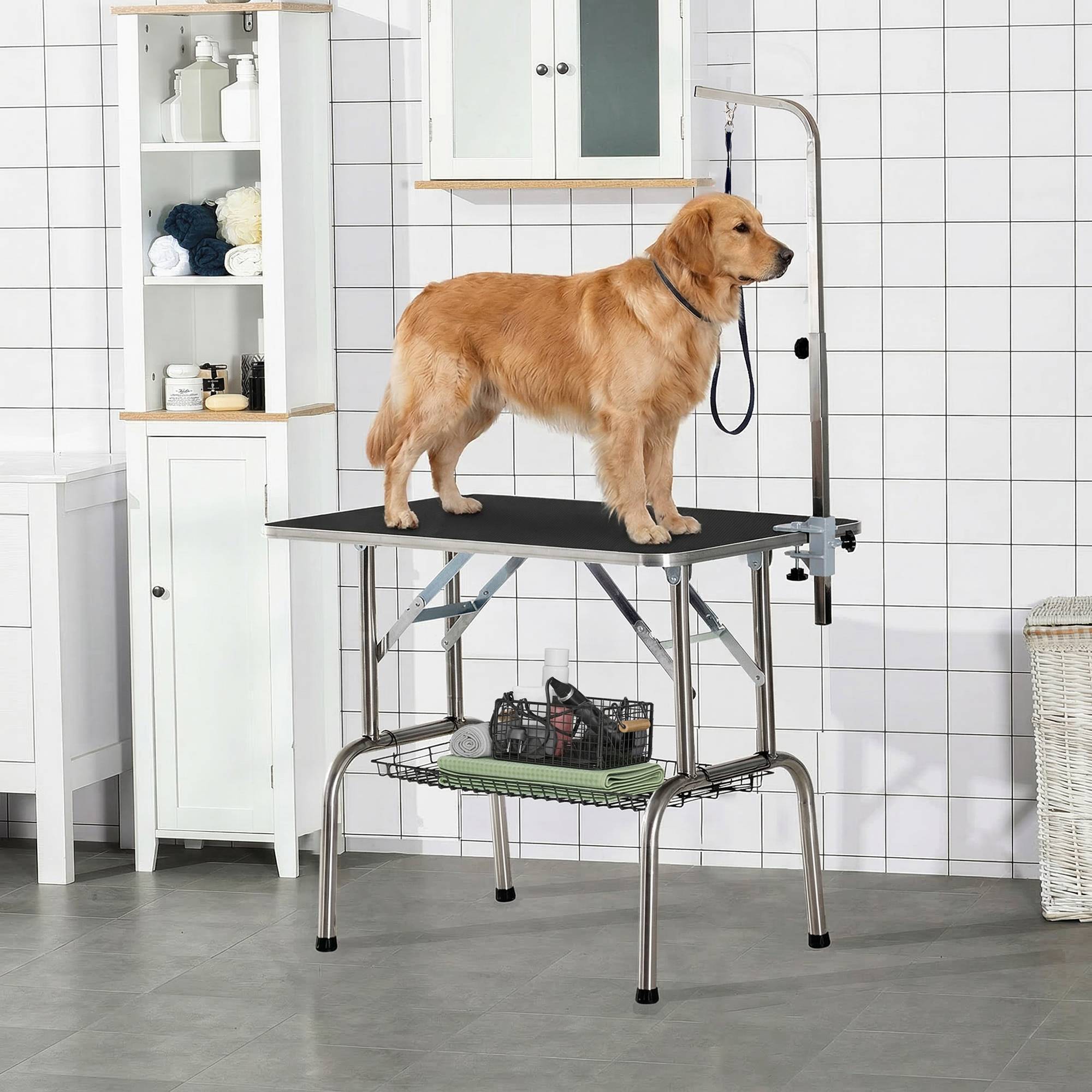 ComfortXL - Table de toilettage pour chien acier inoxydable 90 x 60 x 75 cm noire pliable potence panier jusqu’à 150 kg - Image 1