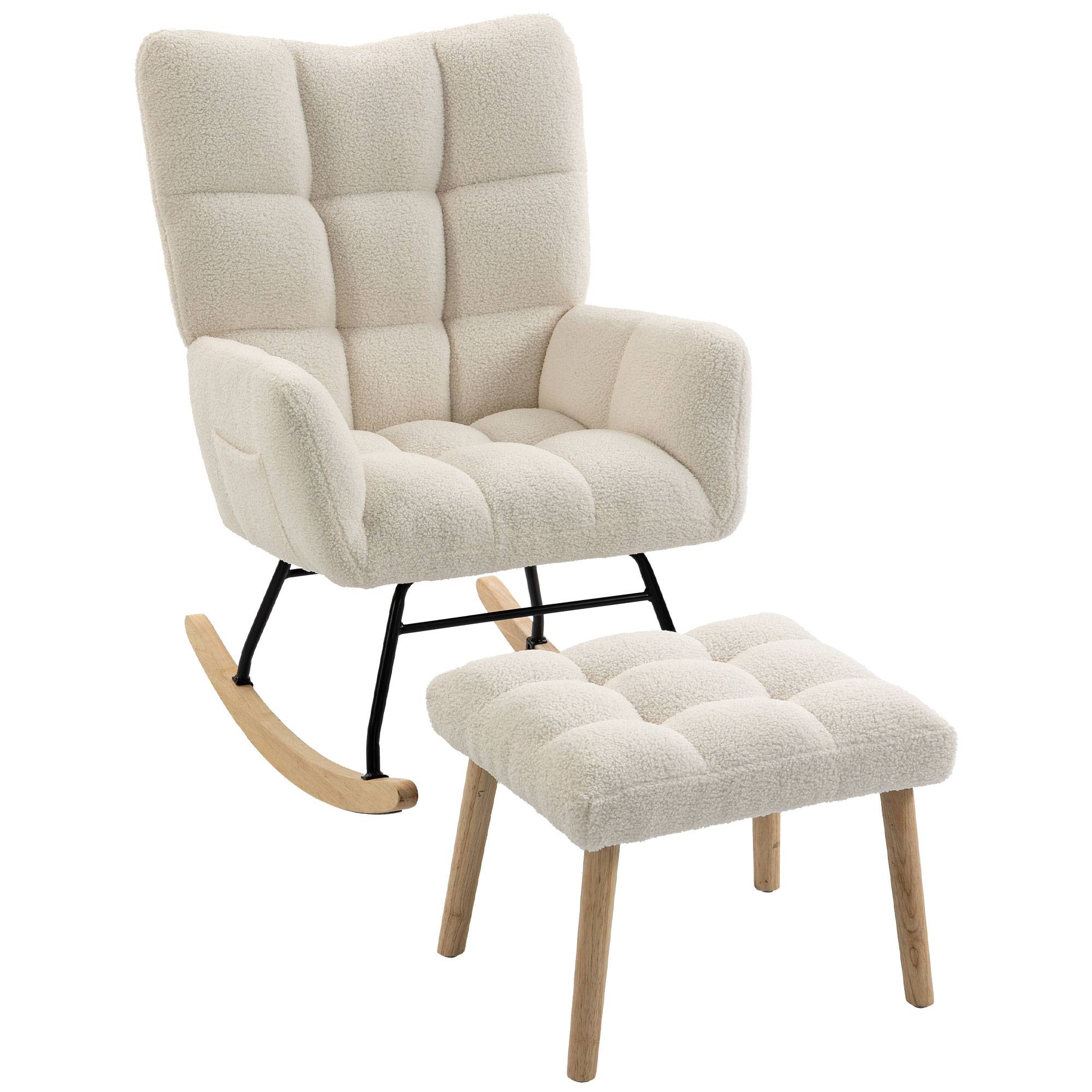 Sans Marque - Fauteuil à Bascule avec Repose-Pieds, Rocking Chair en Tissu Bouclette, Assise Rembourrée, Dossier Large, Crème - Image 1