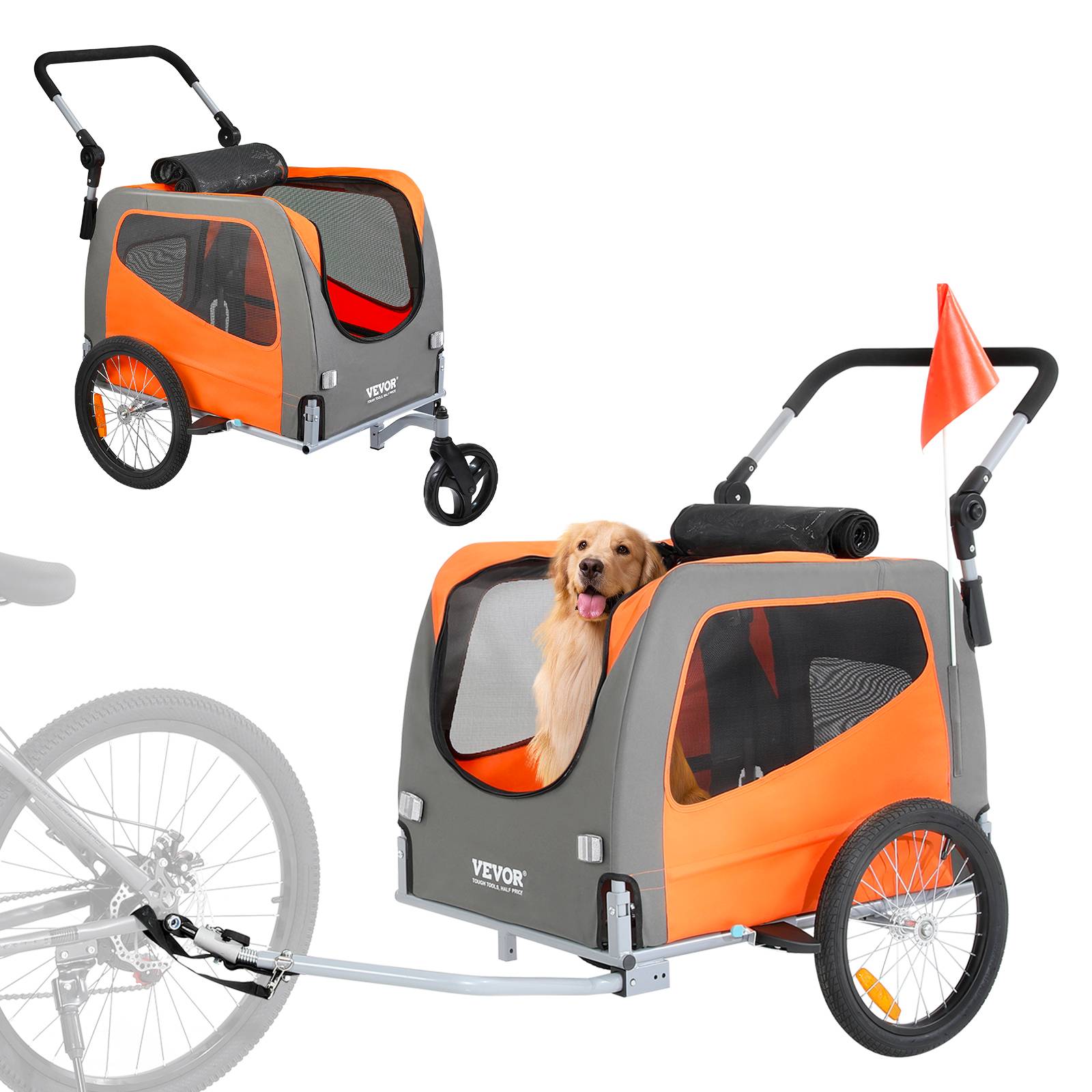 Remorque vélo chien pliable, charge 30 kg. 2-en-1, coupleur universel. Orange/gris.