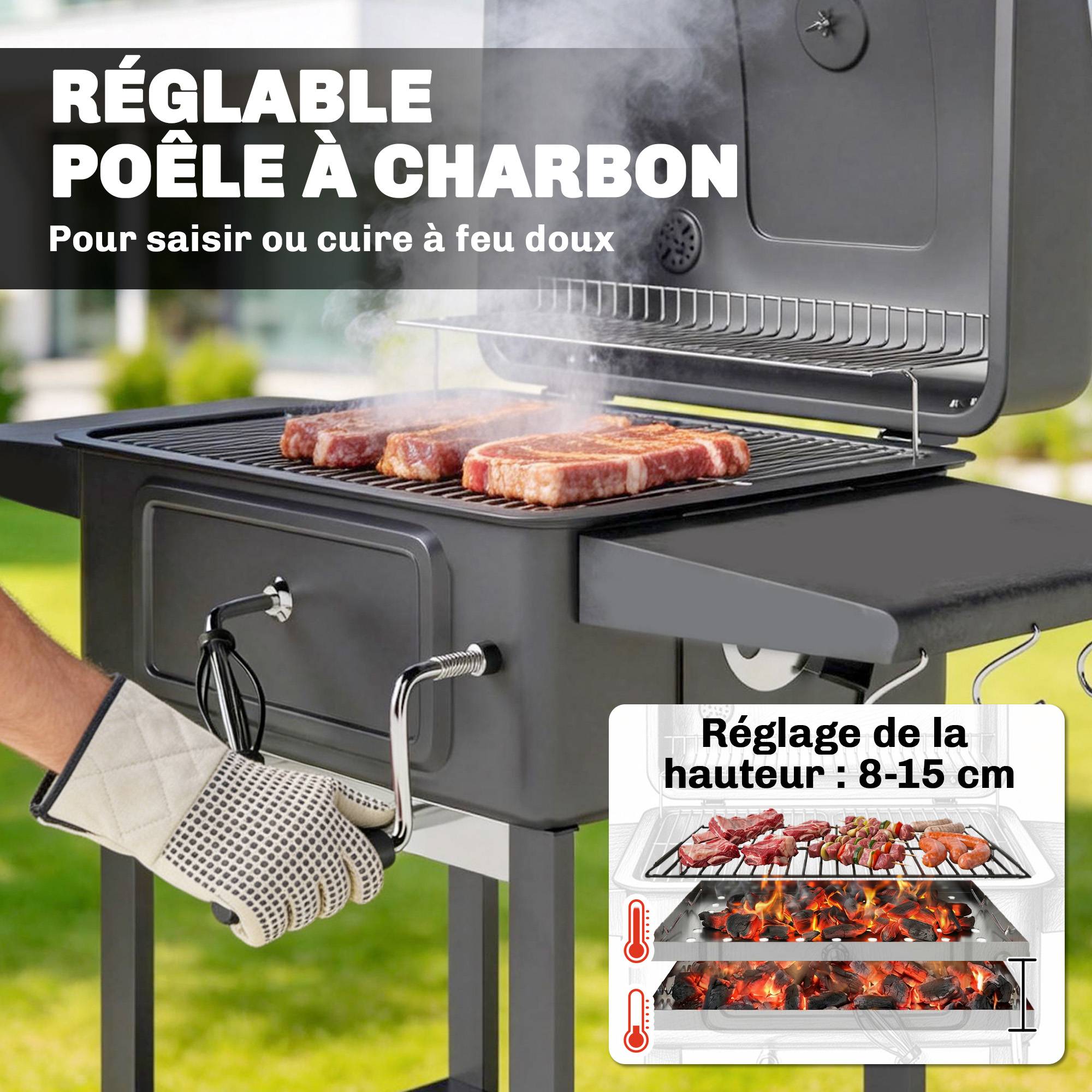 Barbecue au charbon avec bac à charbon réglable, chariot grill de jardin fumoir avec tablettes latérales et thermomètre - Image 7