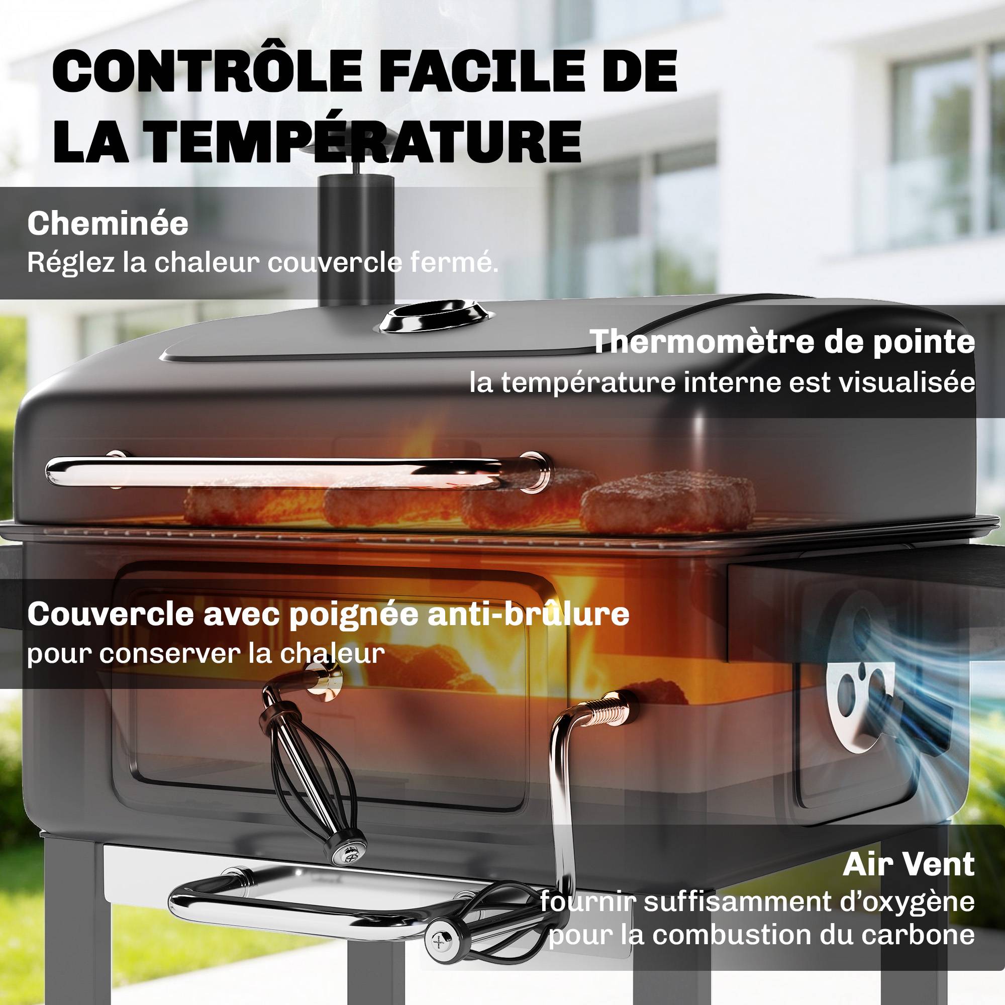 Barbecue au charbon avec bac à charbon réglable, chariot grill de jardin fumoir avec tablettes latérales et thermomètre - Image 8