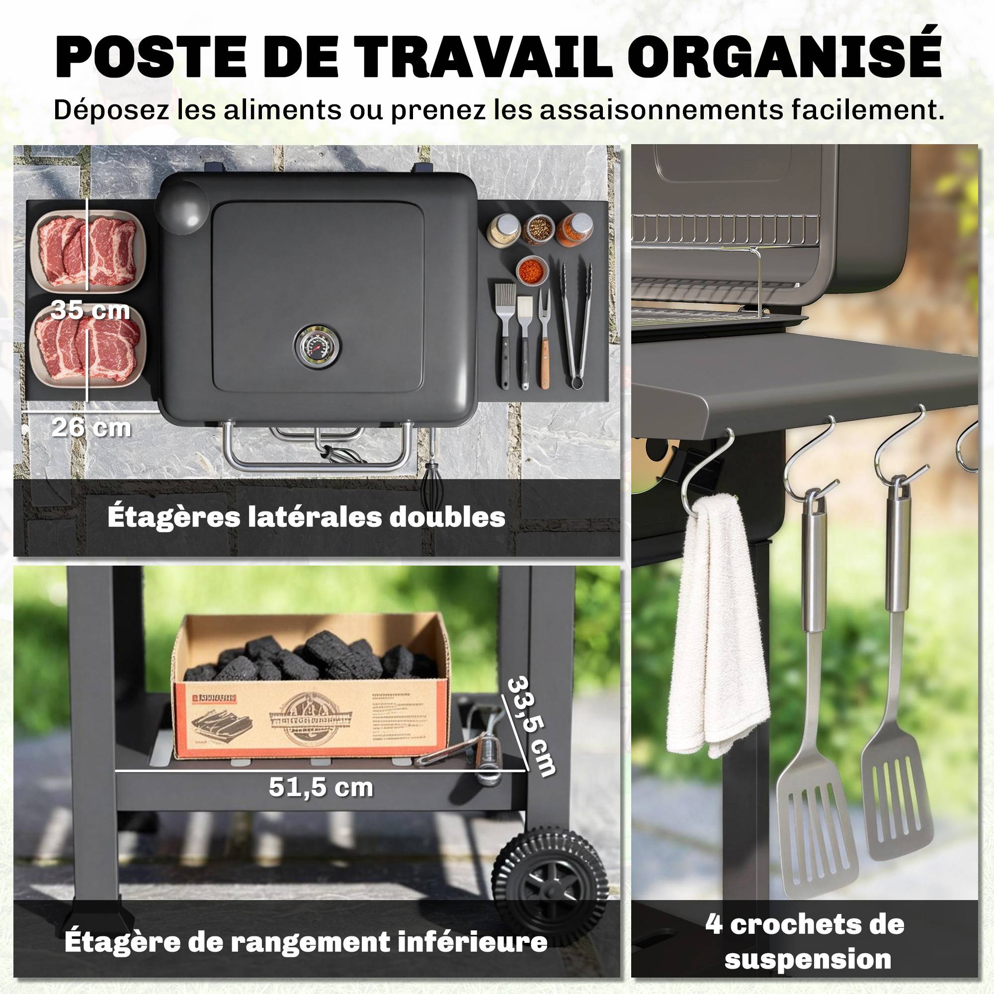 Barbecue au charbon avec bac à charbon réglable, chariot grill de jardin fumoir avec tablettes latérales et thermomètre - Image 9