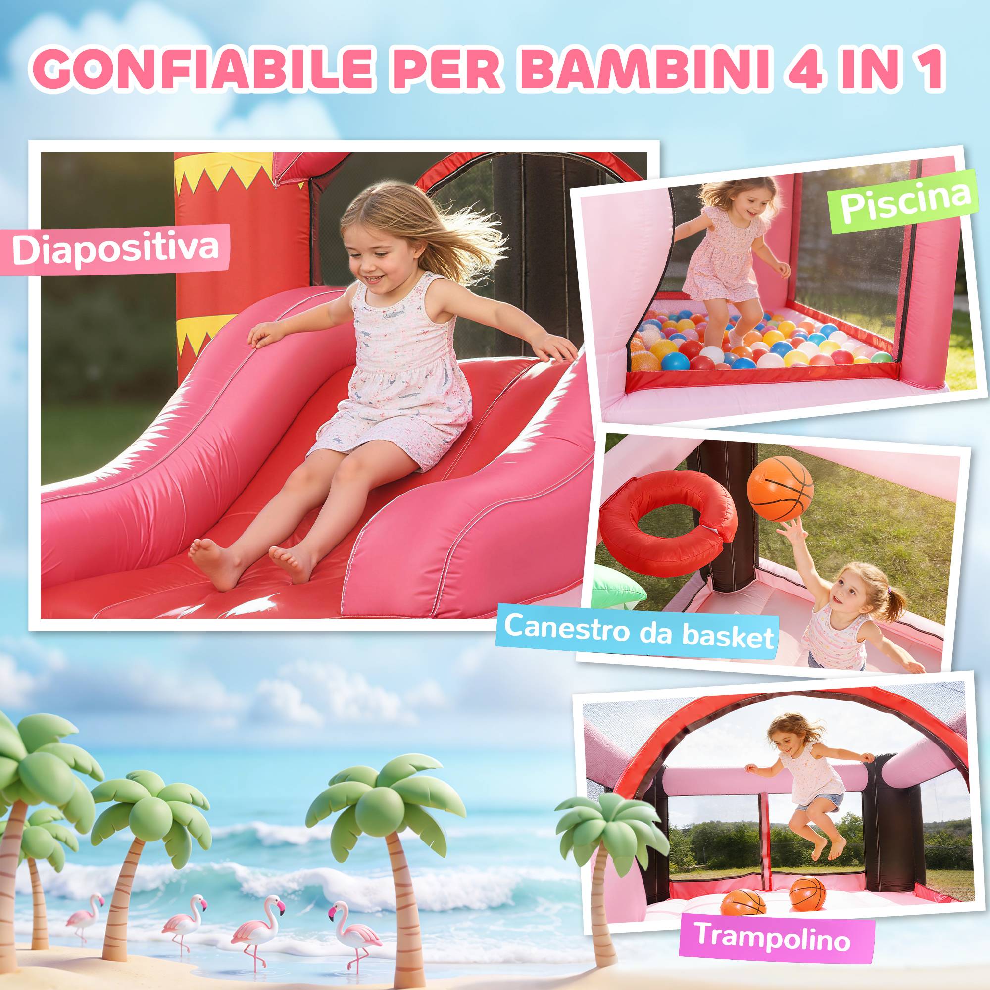 Château gonflable pour enfants avec toboggan, trampoline, piscine à balles et panier de basket, 255 x 230 x 196 cm, rose - Image 6